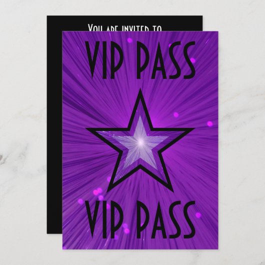 Paarse Star 'VIP PASS'-uitnodiging zwart Kaart (Voorkant / Achterkant)
