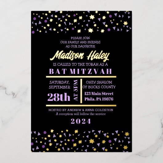 Paarse stars Bar bat Mitzvah Invitation Gold Inlay Folie Uitnodiging (Voorkant)