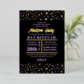 Paarse stars Bar bat Mitzvah Invitation Gold Inlay Folie Uitnodiging (Staand Voorkant)