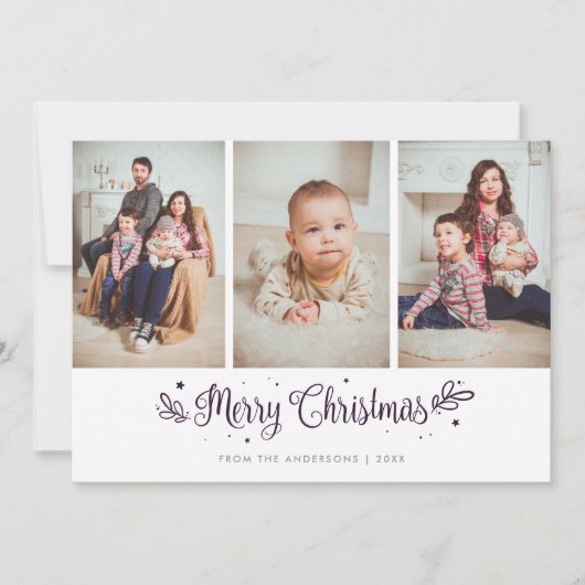 Paarse sterren Calligrafie Kerstmis 3 Fotokaarten Feestdagenkaart (Voorkant)