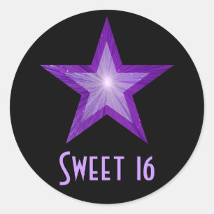 Paarse sterren "Sweet 16", ronde sticker zwart