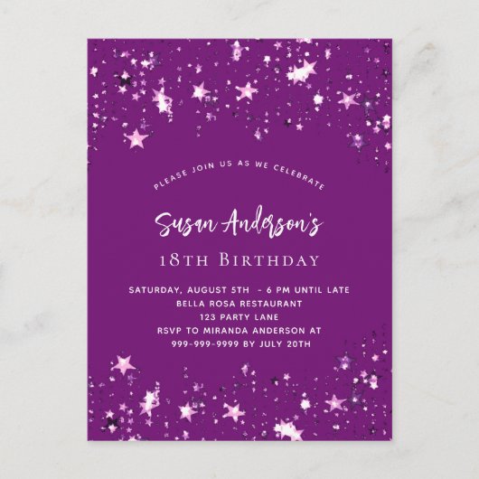 Paarse sterren verjaardag uitnodiging briefkaart (Voorkant)
