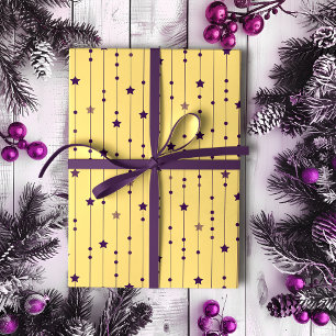 Paarse sterren Yellow Pop Art Holiday Cadeaupapier