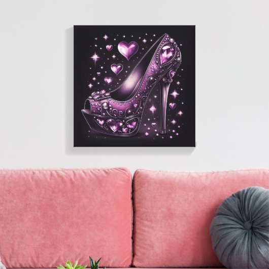 Paarse Stiletto Hoge Hakken met Harten Canvas Afdruk (Insitu (Woonkamer))