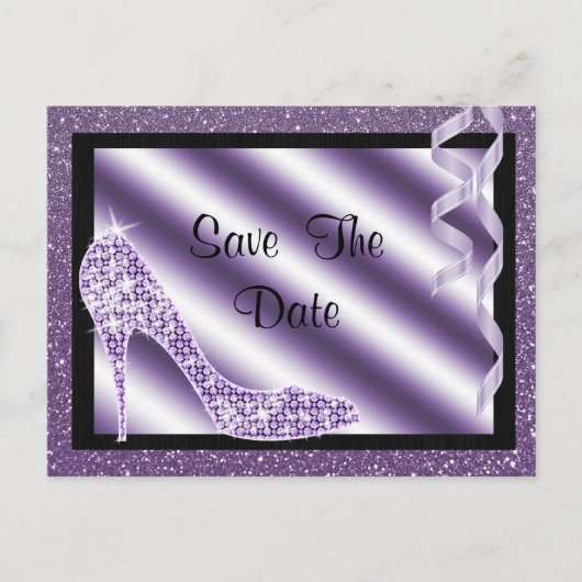 Paarse Stiletto & Streamers 65e Save The Date Aankondigingskaart (Voorkant)