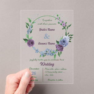 Paarse stoffige blauwe bloemen groene bladeren bru acryl uitnodigingen