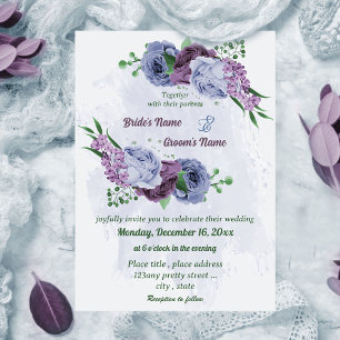 Paarse stoffige blauwe bloemen groene bladeren bru kaart