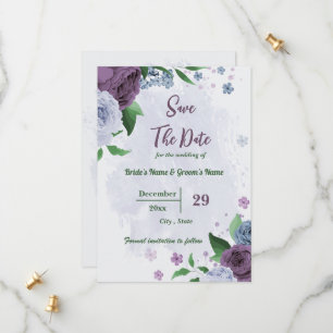 Paarse stoffige blauwe bloemen groene bladeren bru save the date