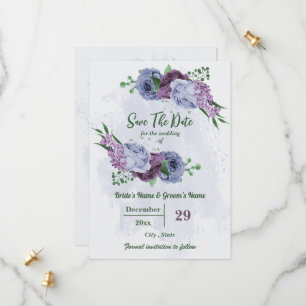 Paarse stoffige blauwe bloemen groene bladeren bru save the date