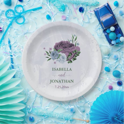 Paarse stoffige blauwe bloemenbruiloft papieren bordje (Feest)