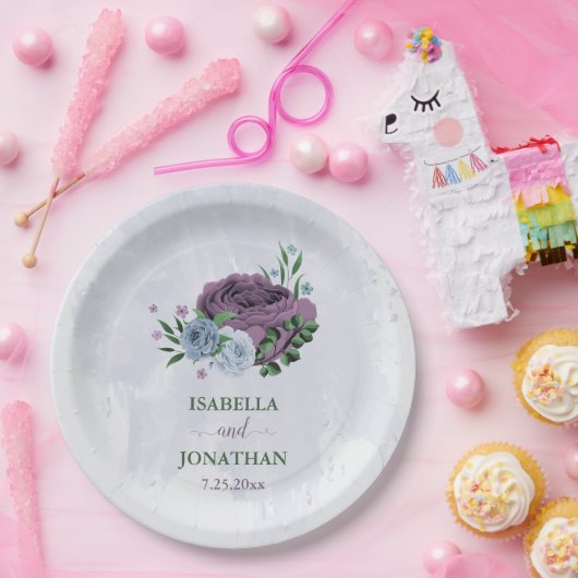 Paarse stoffige blauwe bloemenbruiloft papieren bordje (Feest)