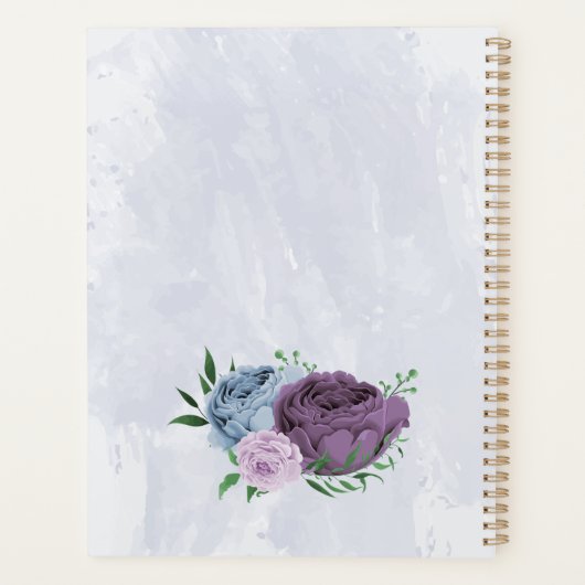 Paarse stoffige blauwe bloemenbruiloft planner (Achterkant)