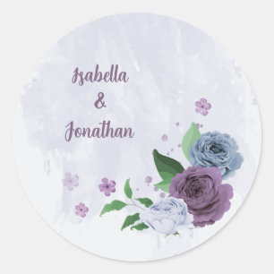 Paarse & stoffige blauwe bloemenbruiloft ronde sticker