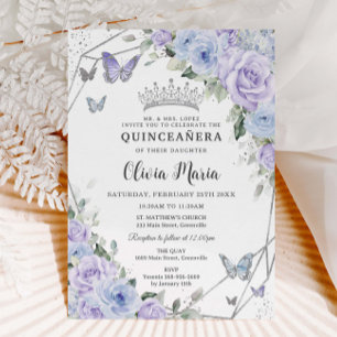 Paarse stoffige blauwe bloemenvlinders Quinceañera Kaart