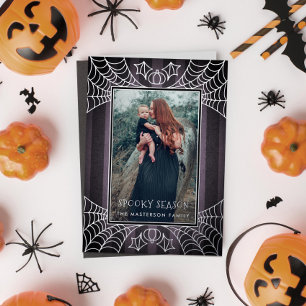 Paarse streep spinnenwebben Halloween foto Folie Feestdagenkaart