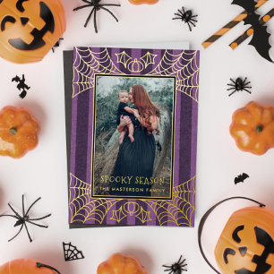 Paarse streep spinnenwebben Halloween foto Folie Feestdagenkaart