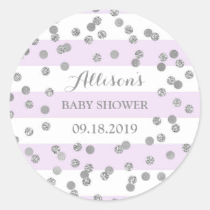 Paarse Strepen Zilveren Confetti Baby shower Favor Ronde Sticker
