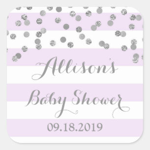 Paarse Strepen Zilveren Confetti Baby shower Favor Vierkante Sticker