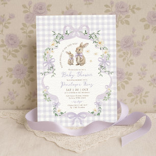 Paarse Strik Konijn Gingham Bloemen Baby Shower Kaart