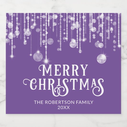 Paarse String Lights Kerstfeest Sparkling Wijnetiket (Enkel label)