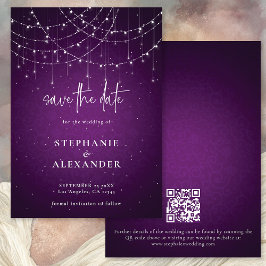 Paarse String Lights QR-code Sla de datum op Save The Date