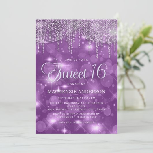 Paarse String Lights Sparkle Bokeh Glam Sweet 16 Kaart (Staand voorkant)