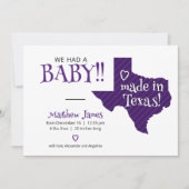 Paarse Striped Made in Texas Photo Baby Aankondiging (Voorkant)