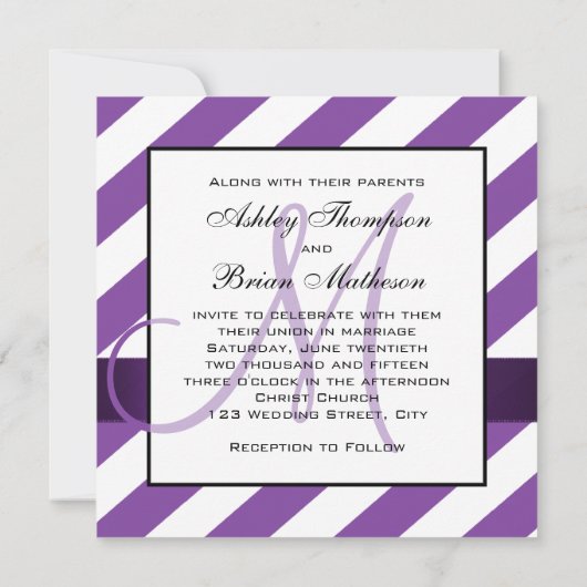 Paarse Stripes Ribbon Monogram Weddenschap Kaart (Achterkant)