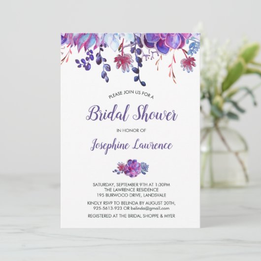 Paarse Succulent Foliage Bridal Shower Invitation Kaart (Staand voorkant)