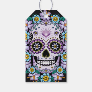 Paarse suikerschedel met bloemen cadeaulabel