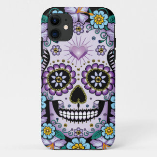 Paarse suikerschedel met bloemen iPhone 11 hoesje