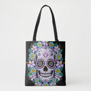 Paarse suikerschedel met bloemen draagtas