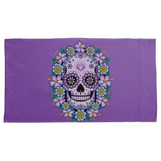 Paarse suikerschedel met bloemen kussensloop