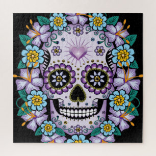 Paarse suikerschedel met bloemen legpuzzel