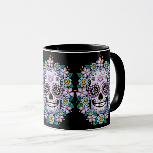 Paarse suikerschedel met bloemen mok (Voorkant rechts)