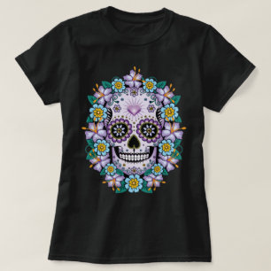Paarse suikerschedel met bloemen t-shirt