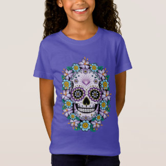 Paarse suikerschedel met bloemen t-shirt