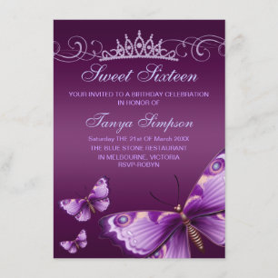 Paarse Sweet16 Butterfly & Tiara Birthday Invite Kaart
