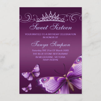 Paarse Sweet16 Vlinder & Tiara Verjaardagsuitnodig Kaart
