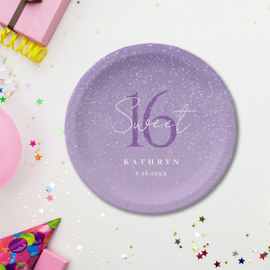 Paarse Sweet 16 Custom Name Papieren Bordje