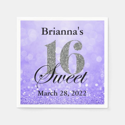 Paarse Sweet 16 Silver Glitter Custom Servet (Voorkant)