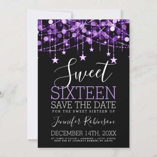 Paarse Sweet 16 Sparkly Koord Lichten sparen Datum Save The Date (Voorkant)