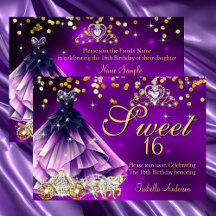 Paarse Sweet 16 verjaardag jurk tiara koets