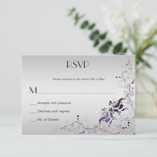 Paarse Swirls op Silver RSVP (Staand voorkant)