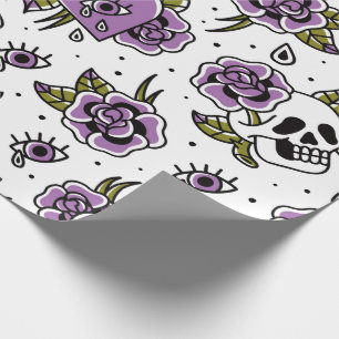 Paarse Tattoos Schedel & Roos Wrapping Paper Cadeaupapier