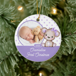 Paarse Teddy Bear Baby's eerste kerstfoto Keramisch Ornament