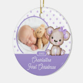 Paarse Teddy Bear Baby's eerste kerstfoto Keramisch Ornament (Links)