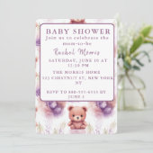 Paarse teddybeer en bloemen - Baby shower Kaart (Staand voorkant)