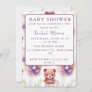 Paarse Teddybeer en Bloemen - Baby Shower Kaart