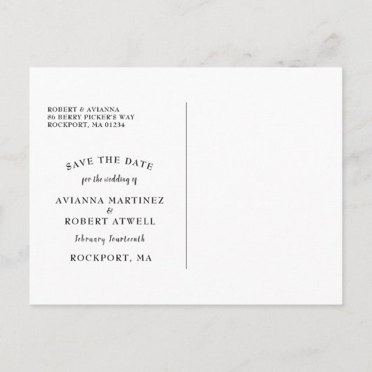 Paarse tekst en foto Opslaan datum Aankondigingskaart (Achterkant)